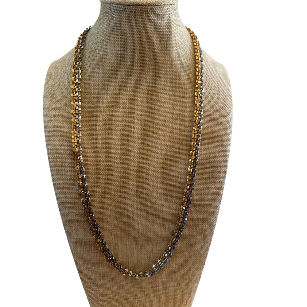 Vintage Two Tone Multi Strand Box Link Chain Necklace Gold Silver Tone Layering